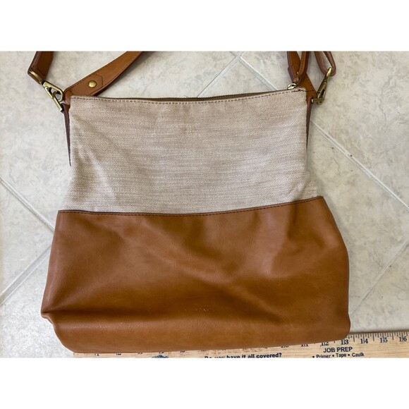 Fossil Amelia Hobo Linen /Faux Leather Shoulder Bag two different lengths straps - Picture 13 of 14